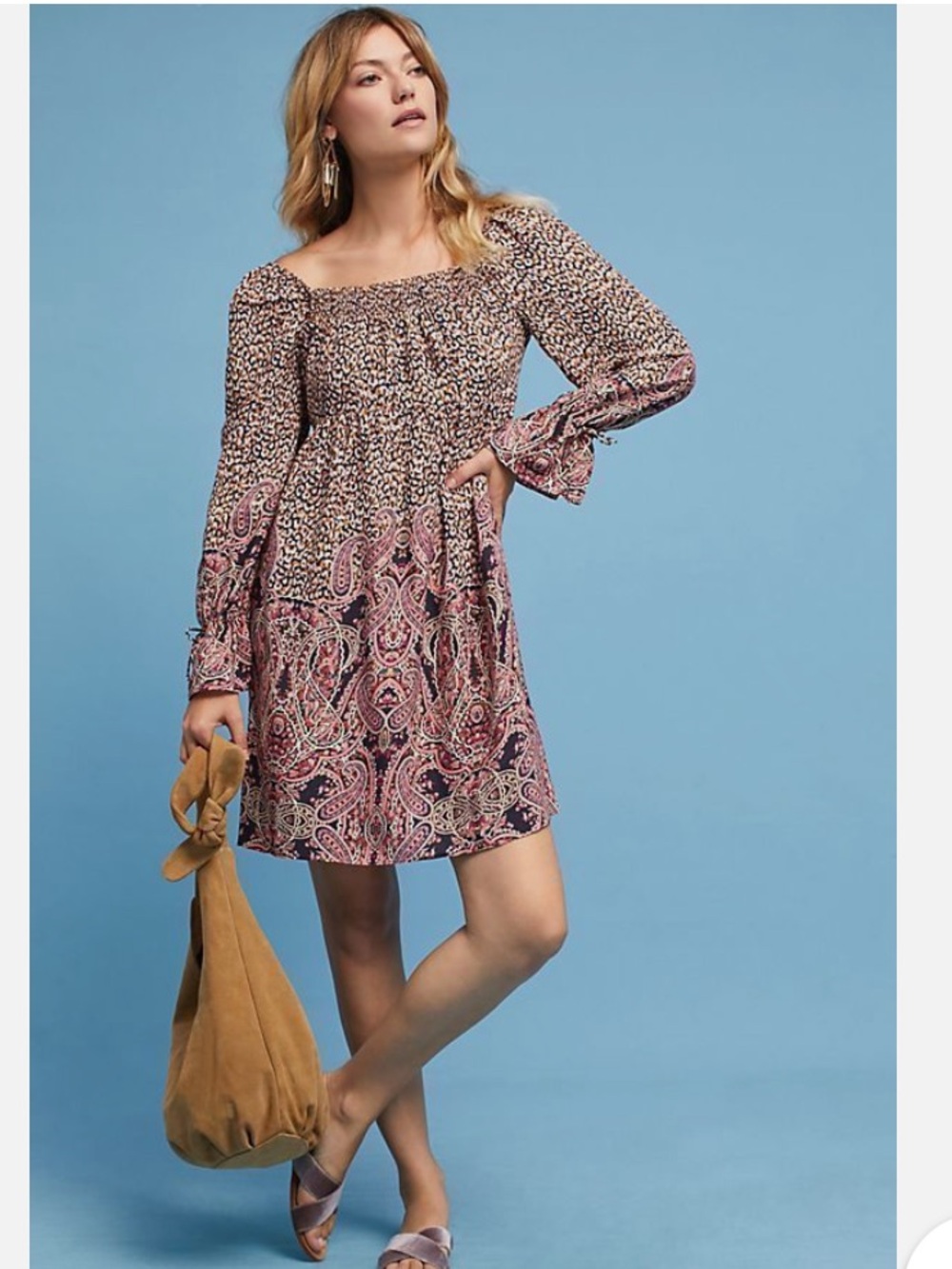 Maeve Brown and Pink Paisley & Leopard Smocked Peasant Dress